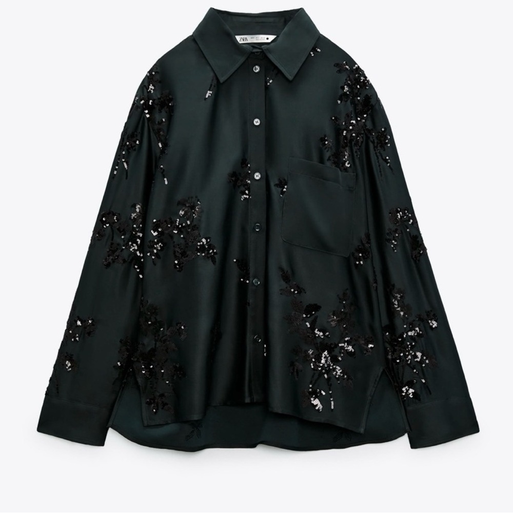 Like New ZARA Black Sequin Embellished Satin Shirt XL
